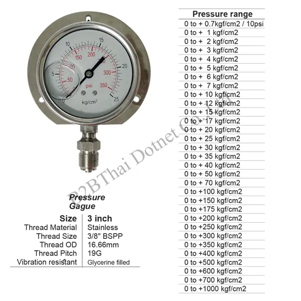 Pressure Gauge 3 นิ้ว ออกล่าง มีปีก 30kgf